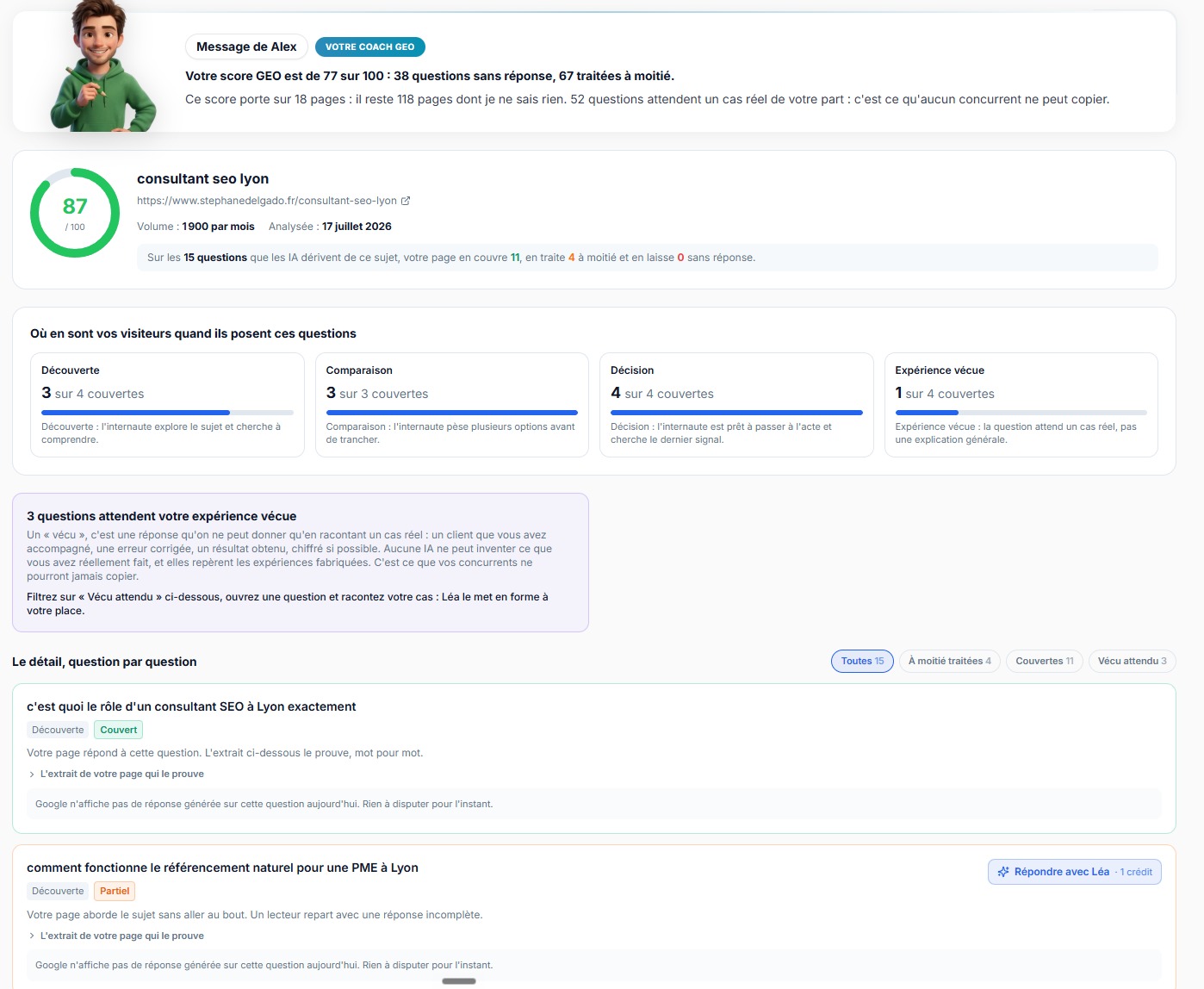Détail d'une page dans BotSEO : chaque sous-question du query fan-out avec son statut couvert, partiel ou manquant, et l'agent IA Léa pour être cité