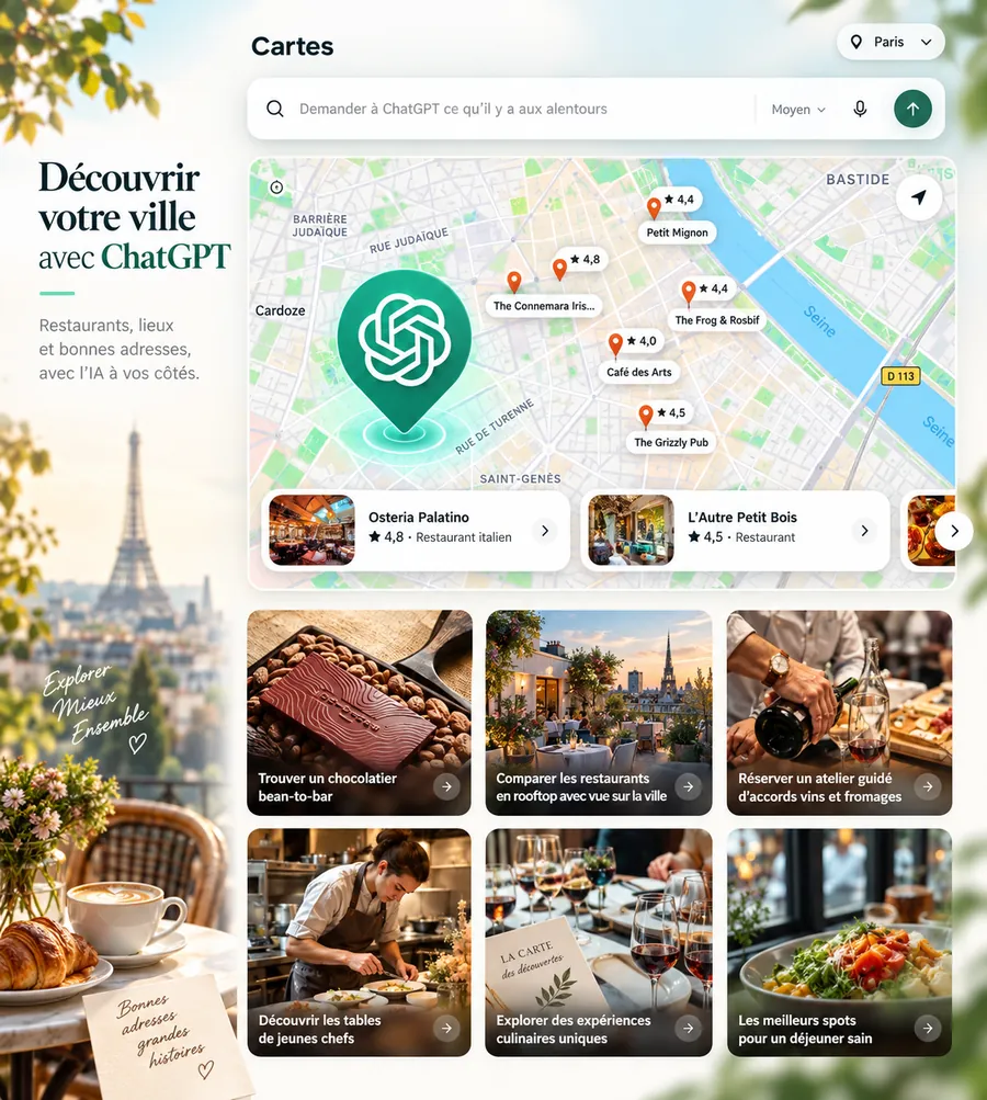 Illustration d’une interface de carte ChatGPT avec des restaurants notés et des suggestions de recherches par thème