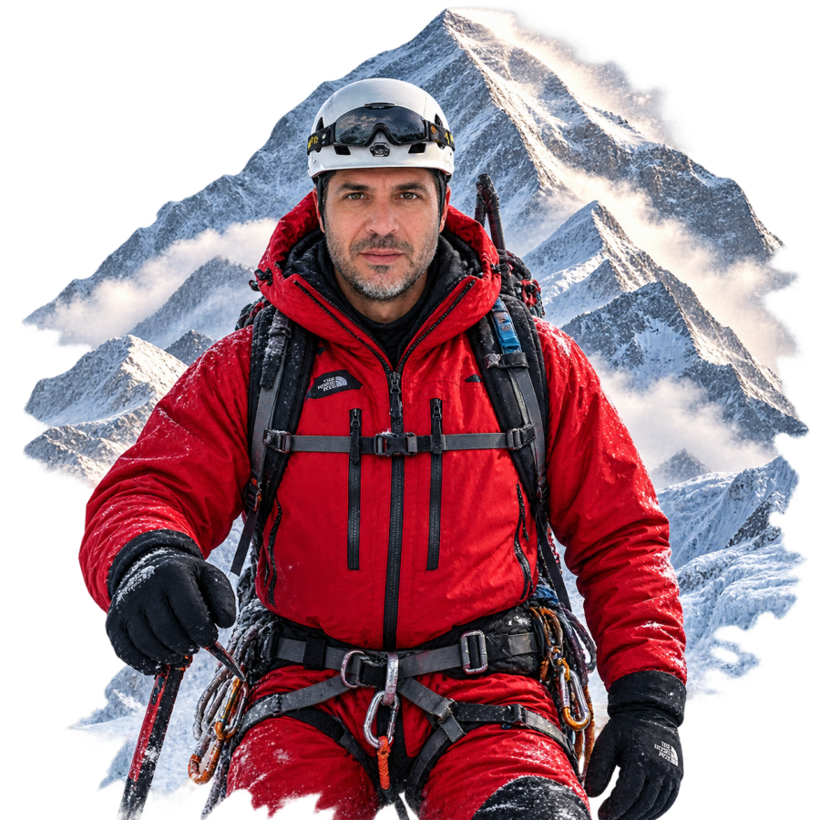 Stéphane Delgado en alpiniste devant l'Everest, image générée par intelligence artificielle