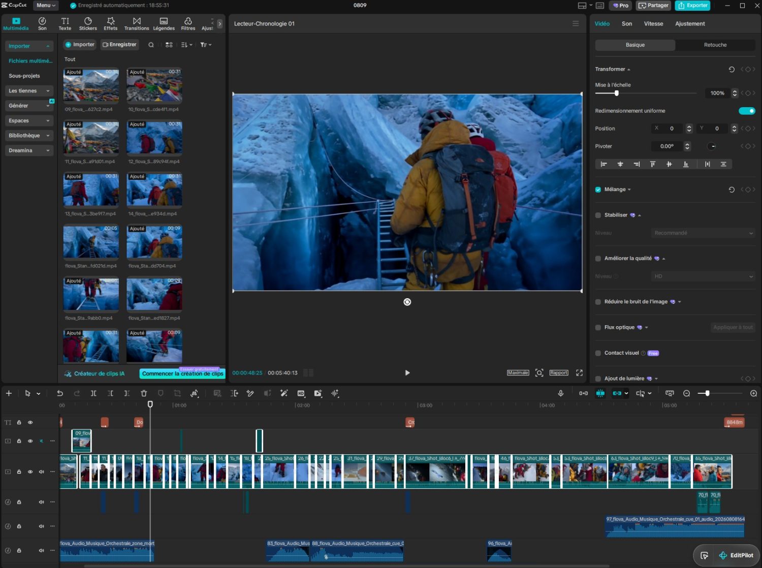 Timeline du montage de 8848m dans CapCut, avec les plans générés et les pistes audio