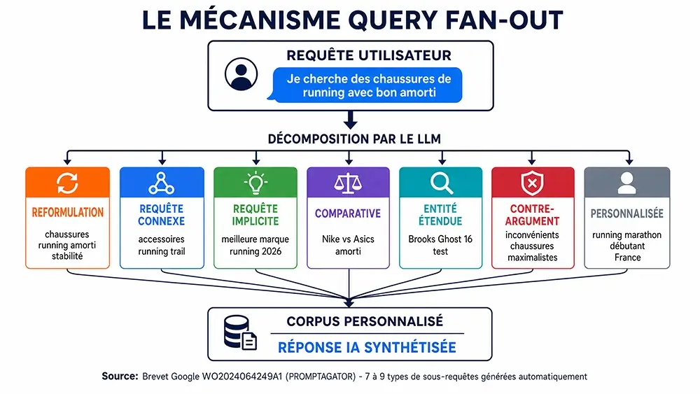 Schéma du mécanisme query fan-out : une requête utilisateur décomposée par le LLM en plusieurs types de sous-requêtes