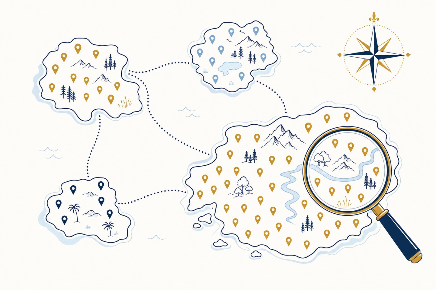 Carte illustrée d'un territoire de requêtes : quatre zones de questions reliées entre elles, examinées à la loupe