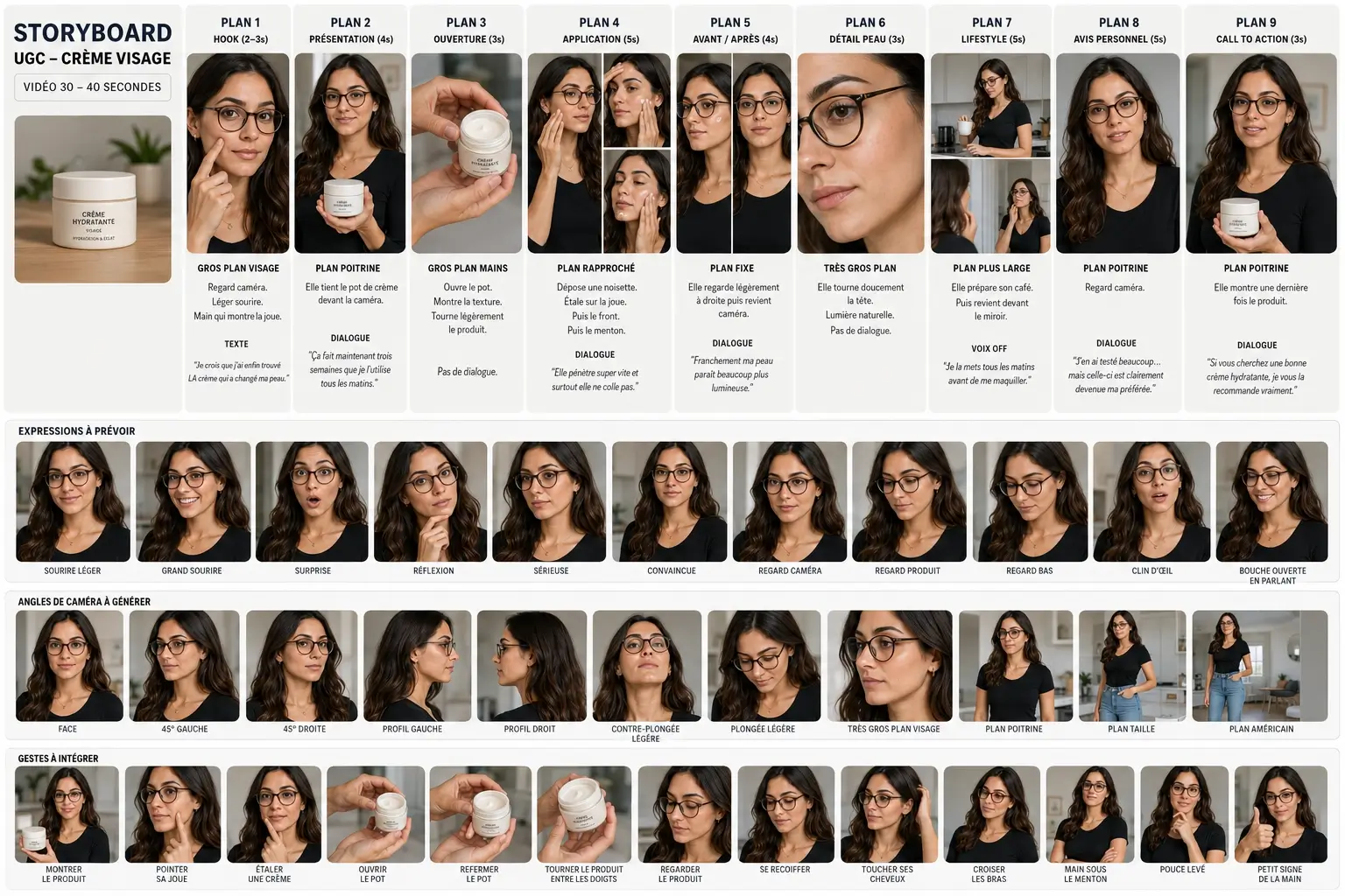 Planche storyboard d'une vidéo UGC IA pour une crème visage