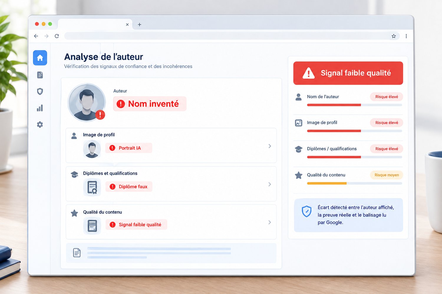 Interface d’audit éditorial montrant les éléments d’un profil auteur qui peuvent transformer une page en signal de faible qualité.