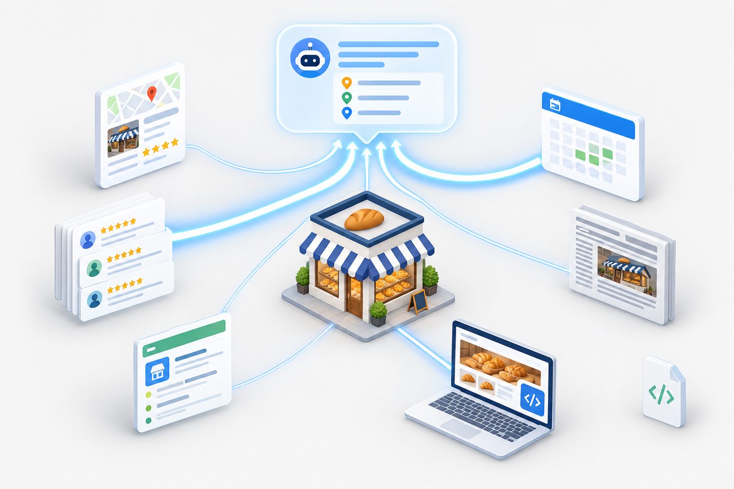 Schéma des sources qu’un assistant IA lit avant de recommander une boulangerie : fiche Google, avis clients, annuaire, réservation en ligne, presse locale et site du commerce, le fichier llms.txt restant isolé.