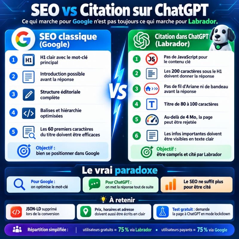 Infographie comparant le SEO classique pour Google et la citation dans ChatGPT via Labrador : réponse sous le H1, pas de JavaScript, informations en texte clair, test du mode lockdown.