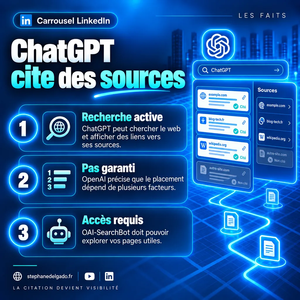 Page 2 : ChatGPT cite des sources : recherche active, placement non garanti, accès requis