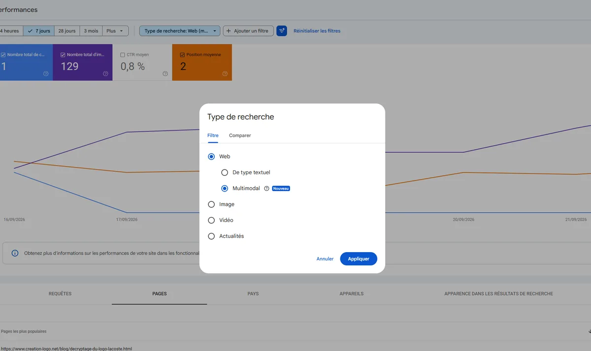 Fenêtre Type de recherche de la Search Console en français avec Multimodal coché sous Web et le badge Nouveau