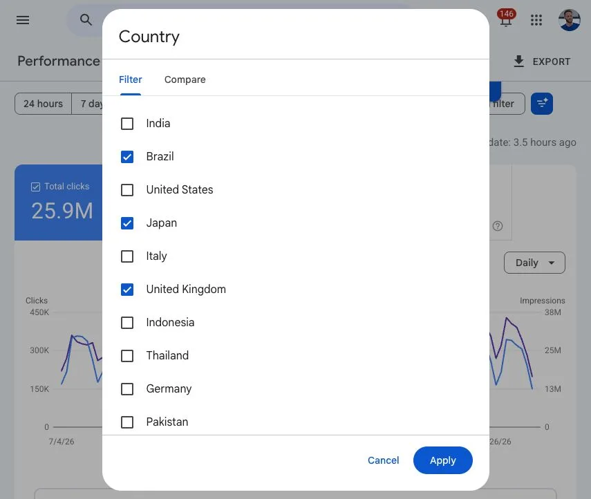 Filtre Pays de Search Console en anglais avec le Brésil, le Japon et le Royaume-Uni cochés en même temps