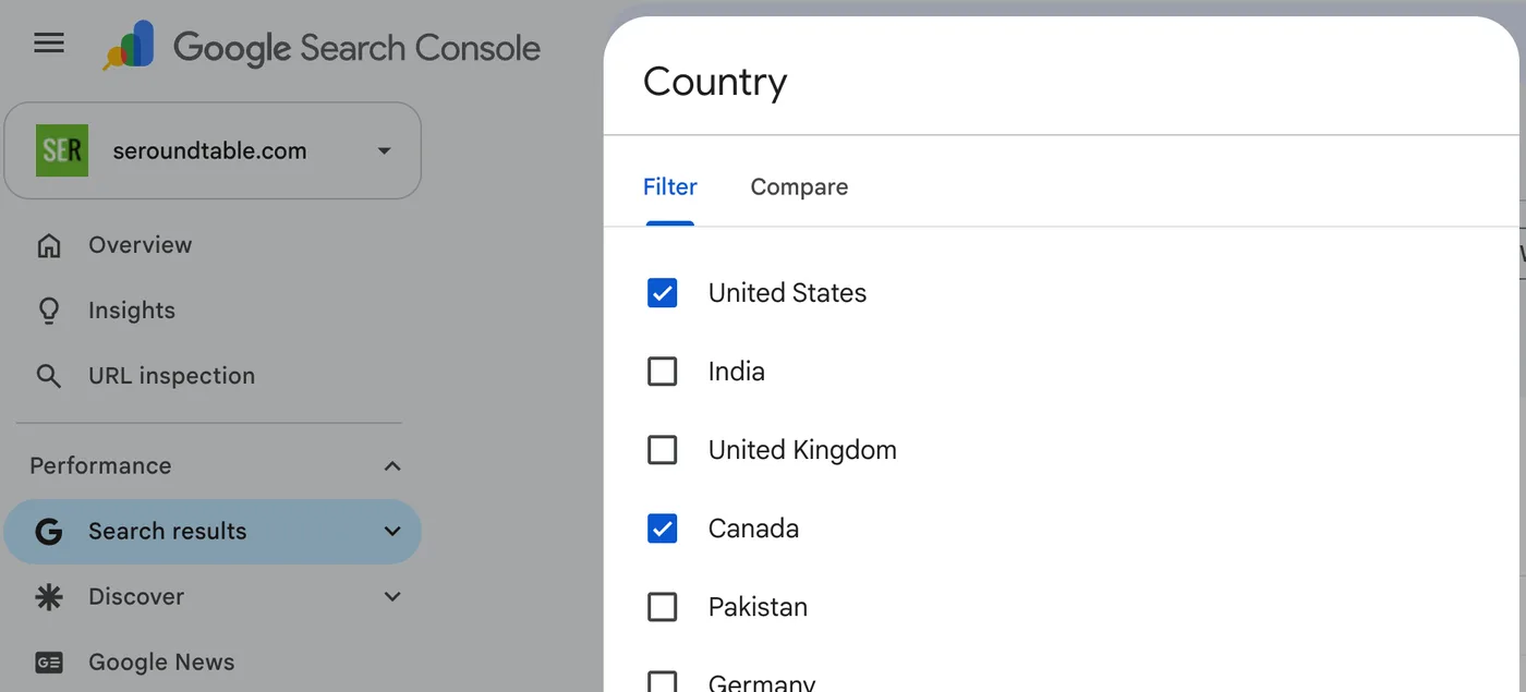 Panneau Country de Search Console avec les États-Unis et le Canada cochés dans l’onglet Filter