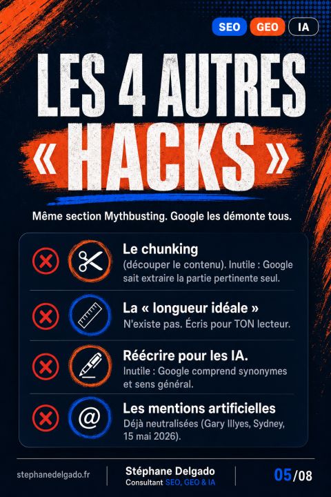 llms.txt, chunking, mentions artificielles : pourquoi Google démonte les hacks du GEO — slide 5