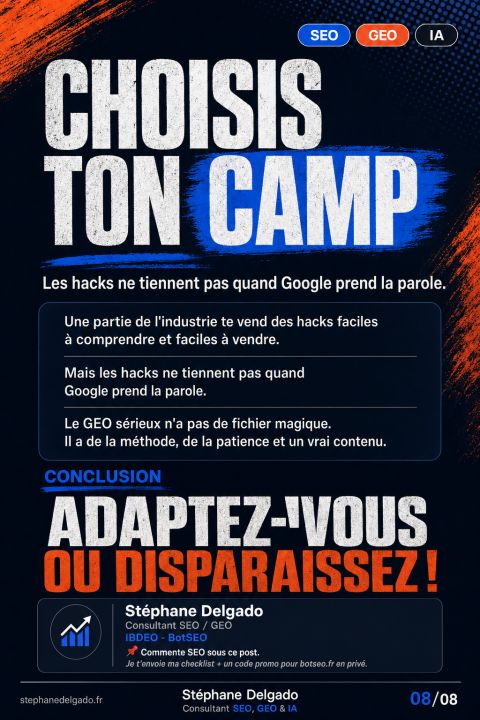 llms.txt, chunking, mentions artificielles : pourquoi Google démonte les hacks du GEO — slide 8