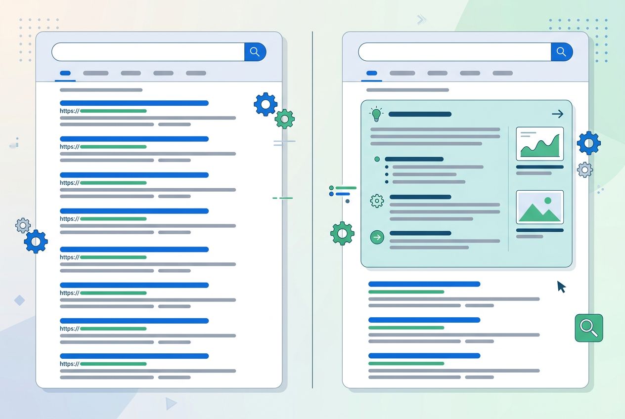 Comparaison schématique entre une page de résultats de recherche classique et une réponse générée par une IA