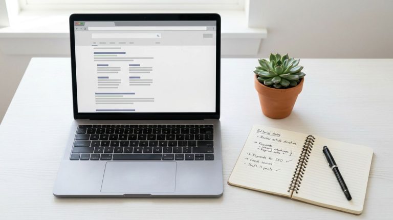 Espace de travail d'un rédacteur SEO avec un écran affichant des résultats de recherche et des notes éditoriales manuscrites